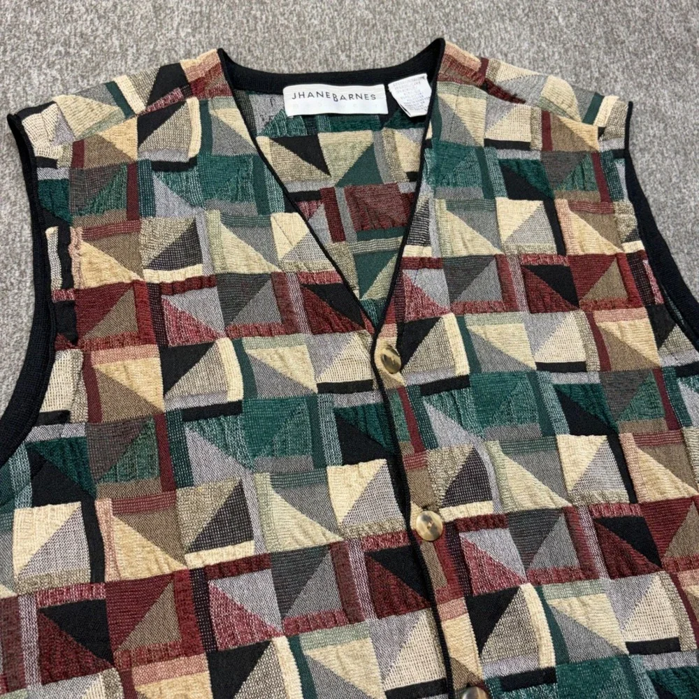 Vtg Jhane Barnes Mens Geometric Tapestry Sweater Vest Wool Blend Large